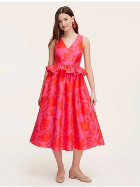 V-Neck Pink and Red Floral Peplum Midi Dress